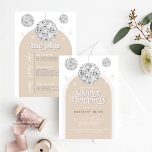 Disco Ball Diva Hen Party Invitation, Silver glitter festival hen do invitation printable, editable arch hen weekend itinerary invite DX