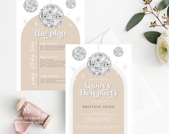 Disco Ball Diva Hen Party Invitation, Silver glitter festival hen do invitation printable, editable arch hen weekend itinerary invite DX