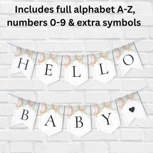 Printable Gender Reveal Balloon Banner hello baby Letters A to Z, Numbers plus Heart, DIY Baby Shower Banner pink blue balloon garland