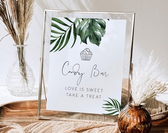 Tropical Candy Bar Table Sign Printable, Modern monstera candy treat Sign, palm leaf Printable Editable Table Top dessert Signs beach 119