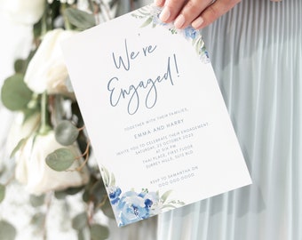 Pastel Blue Engagement Party Invitation Rustic Floral wedding we're engaged, editable template, printable engagement, instant download