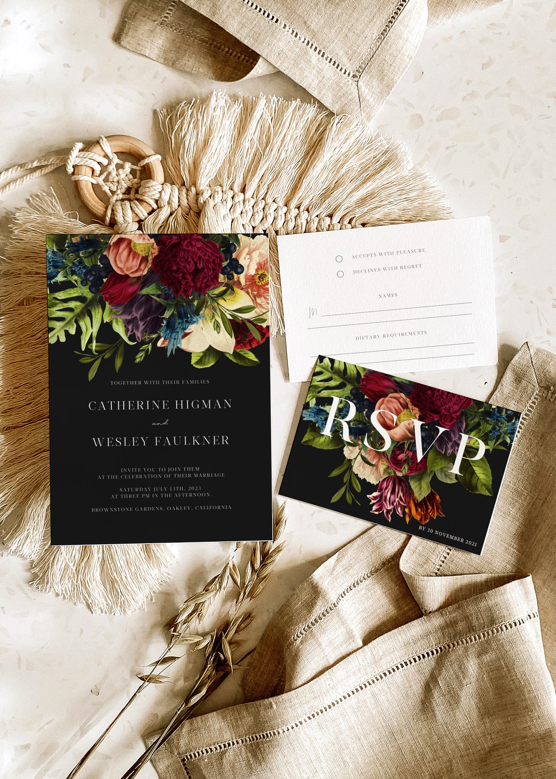 Printable Black Moody floral wedding invitation suite burgundy image 1