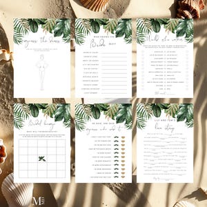 12 Tropical bridal shower game set, monstera hen party game, would she rather, bridal bingo, fun beach bridal shower games, palm bridal 119