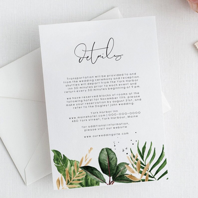 Tropical Wedding details card Template banana leaf Editable palm leaf wedding information monstera wedding Printable Calligraphy Wedding 119 image 10