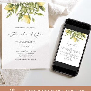 Lemon Wedding Double Sided Invitation citrus Invitation, Yellow lemon Wedding Invite Instant Download Editable yellow citrus information 122 image 2