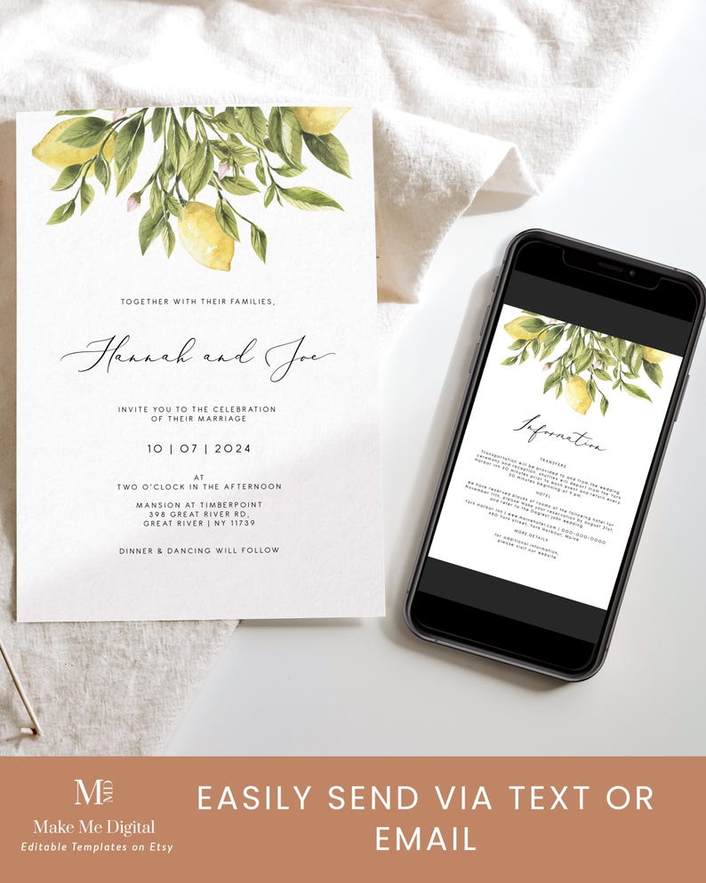 Lemon Wedding Double Sided Invitation citrus Invitation, Yellow lemon Wedding Invite Instant Download Editable yellow citrus information 122 image 2
