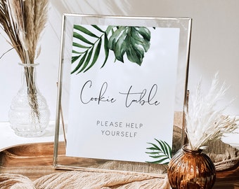 Tropical Cookie Table Sign Printable, Modern monstera cookie treat Sign, palm leaf Printable Editable Table Top sweet treat Signs beach 119