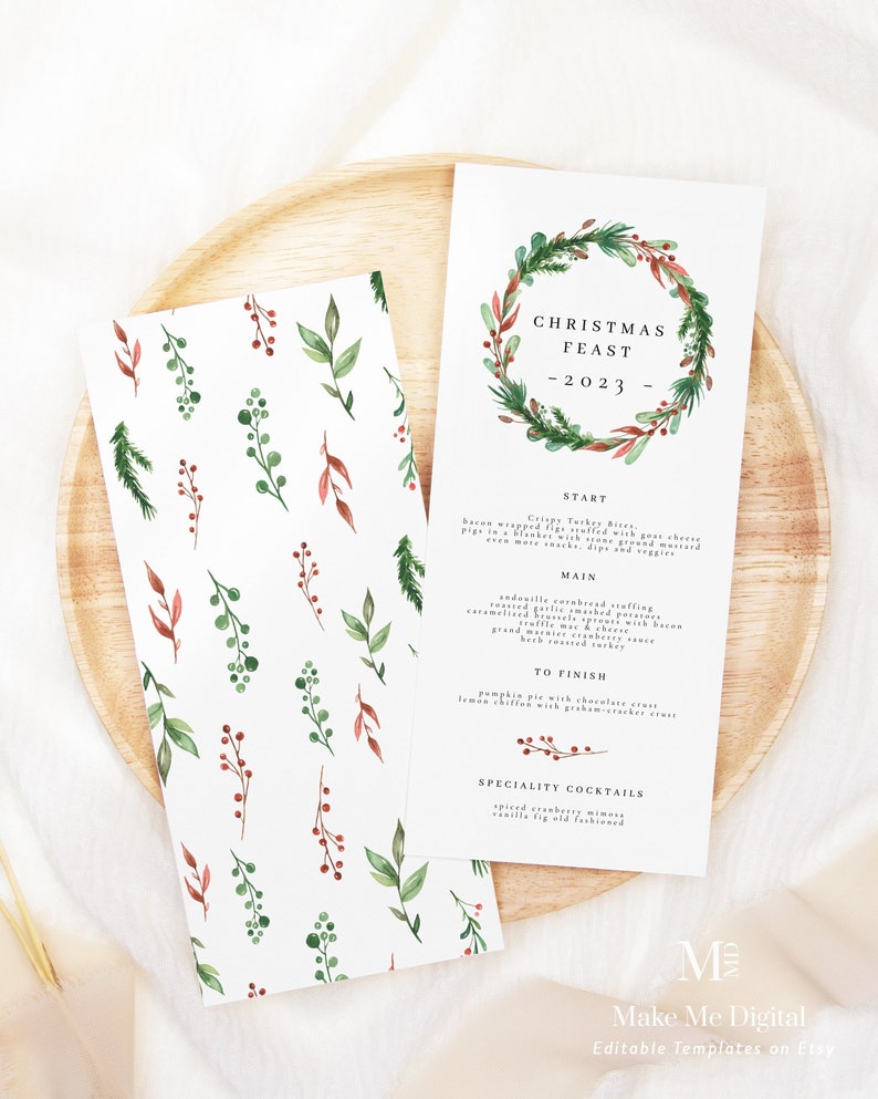 Christmas Menu 2023 Printable Rustic Christmas Menu family dinner minimal dinner SCANDI Instant Download Editable Christmas dinner menu xmas image 1