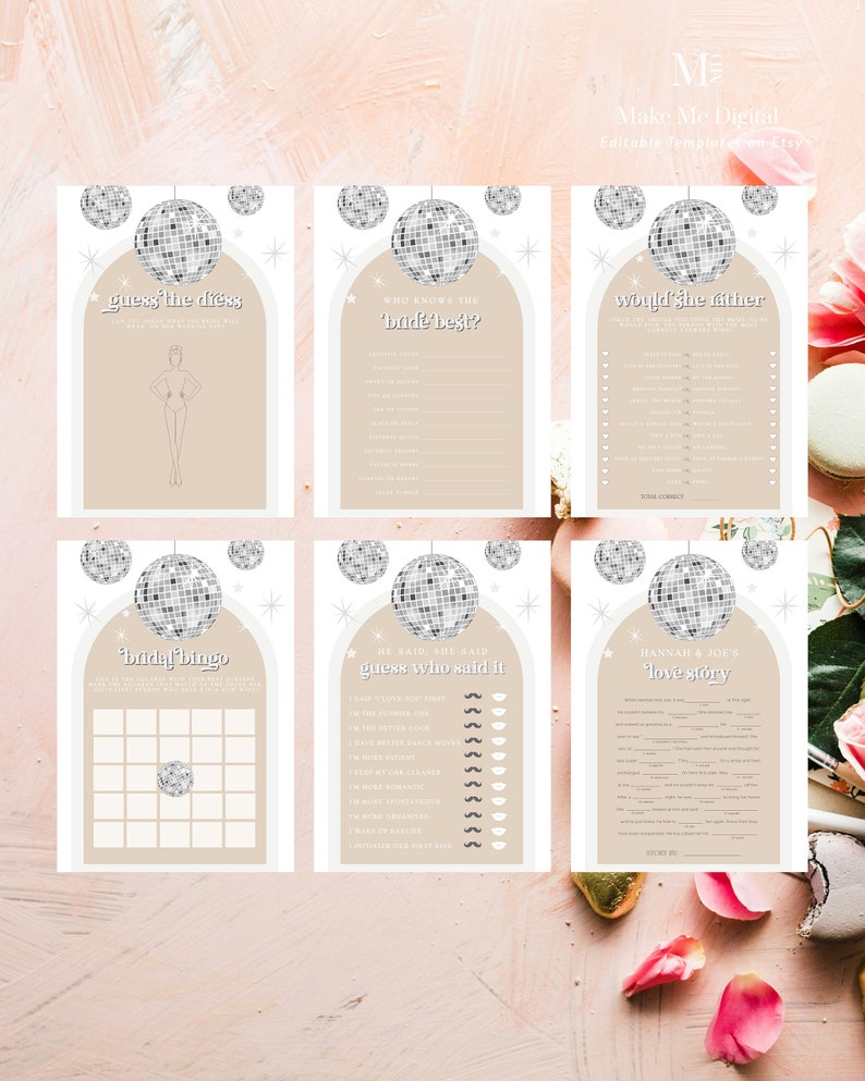 May include: Six printable bridal shower game cards with a disco ball theme. The games include "Guess the Dress", "Who Knows the Bride Best?", "Would She Rather", "Bridal Bingo", "He Said She Said - Guess Who Said It", and "Hannah & Joe's Love Story".