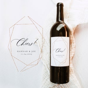 Glitter Copper Geometric Wine Bottle Favor Label, Industrial copper Wedding Wine Label, Glamorous wedding wine bottle favour label gift