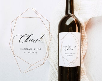 Glitter Copper Geometric Wine Bottle Favor Label, Industrial copper Wedding Wine Label, Glamorous wedding wine bottle favour label gift