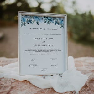Blaue Blumen Heiratsurkunde Vorlage, Blaue Hochzeit Urkunde Andenken, printable Heiratsurkunde, sofortiger Download 131