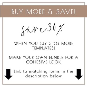 Op de afbeelding: Een afbeelding met de tekst "BUY MORE & SAVE!" en "save 30%". De tekst "WHEN YOU BUY 2 OR MORE TEMPLATES!" en "MAKE YOUR OWN BUNDLE FOR A COHESIVE LOOK" is ook inbegrepen. Twee zwarte pijlen wijzen naar beneden met de tekst "Link to matching items in the description below".