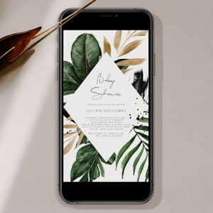 Gold & Tropical baby shower invitation evite, summer greenery baby shower invite, electronic invitation, digital invitation, text invite 119