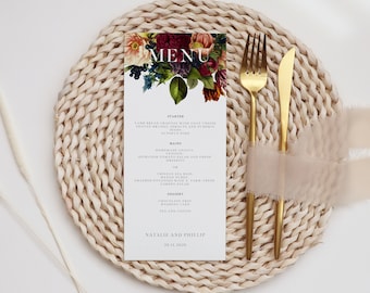 Burgundy floral wedding menu, burgundy floral dinner menu, Autumn bridal shower menu,  burgundy baby shower menu, instant download, fall 105
