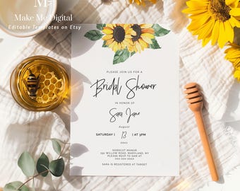 Rustic Sunflower Bridal Shower Invite, elegant floral Bridal Shower invitation printable editable yellow sunflower shower country barn SUNNY