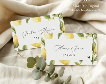 Yellow lemon Place Card Template Printable, summer citrus yellow Wedding Escort card INSTANT DOWNLOAD, 100% Editable, lemon Seating Card 122