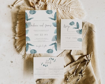 Eucalyptus Greenery Invitation Set, Invitation suite, Editable wedding invitation, elegant wedding invitation set 113