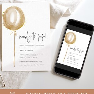 May include: A printable baby shower invitation with a gold balloon illustration and the text "ready to pop!"  Please join us for a baby shower in honour of Helen James. Tuesday, 24th August 2022 at 5pm. 3163 John Calvin Drive, Buffalo Grove, IL, 60089. RSVP to Jessica at 000 000 0000. Helen is registered at Buy Buy Baby!