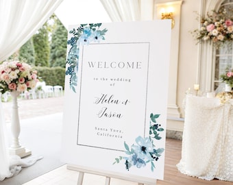 Blue Floral Welcome Sign Rustic wedding welcome sign, editable blue welcome sign template, printable floral sign, instant download 131