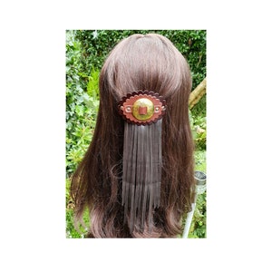 Hair accessories, Brown Leather barrette, Long hair accessory, Tassels