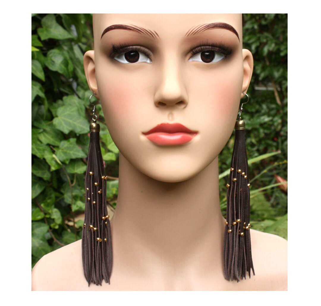 Long Leather Tassel Earrings Etsy