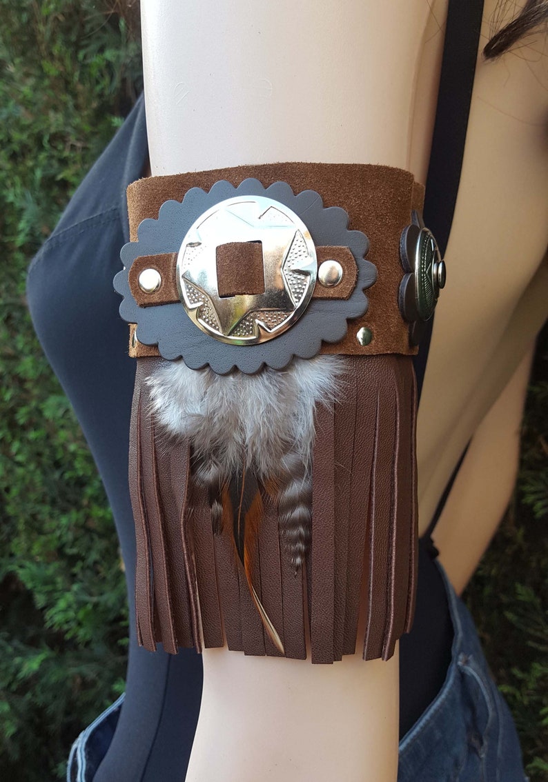 Brown Leather Arm Band Arm Cuff With Fringe Etsy