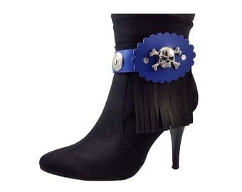 Blue leather boot bracelets with skull, Cowboy boot accessories