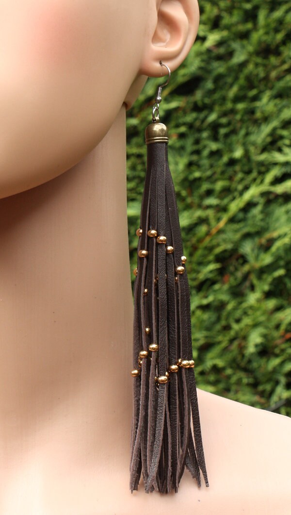 Long Leather Tassel Earrings Etsy
