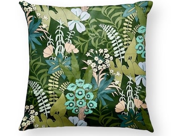Vintage green 70s floral cushion cover, retro botanical cushion, Chartham by Osman Fabrics