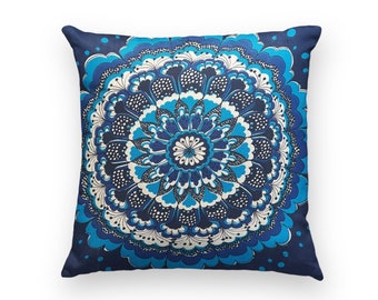 Vintage blue cushion cover in circular floral print, 70s cushion