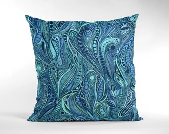 Vintage Sanderson Tonga cushion cover, green blue mid century cushion