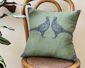 Green linen Pheasants cushion cover, Barneby Gates, country decor