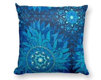 Vintage barkcloth cushion cover in blue geometric print, mid century pillow