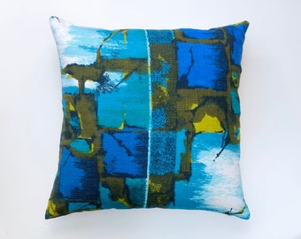 Vintage barkcloth cushion cover in blue, olive green and mustard, abstract print, mid century pillow