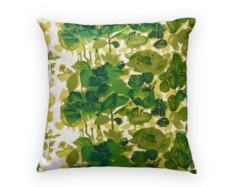 green vintage floral cushion cover, Bevis fabrics, Royal College of Art, mid century modern, botanical pillow