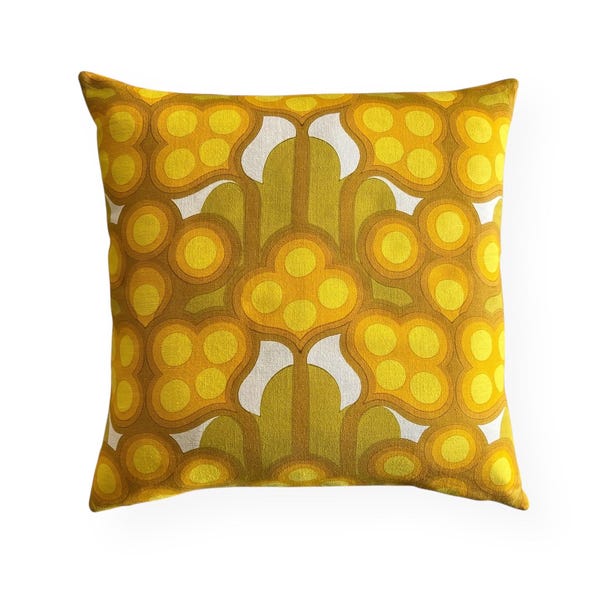 Vintage yellow/green cushion cover, 70s retro print, op art style, mid century cushion cover