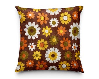 Vintage 60s barkcloth cushion cover in flower print, purple yellow cushion, 70s retro pillow