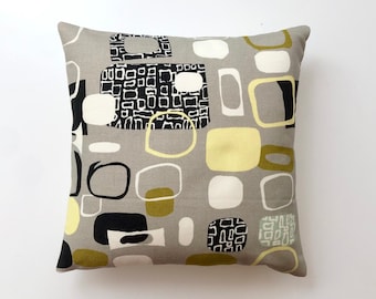 Sanderson mid century Festival cushion cover in mustard, yellow and grey, Jacqueline Groag, 50s decor, pebbles