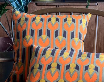 Vintage orange geometric cushion cover, 'Abacus' by Peter Hall, retro orange pillow