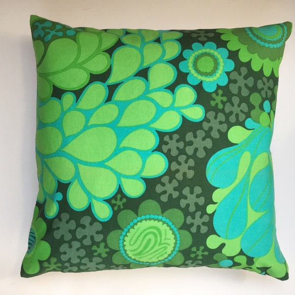 vintage floral scandinavian cushion cover, Folklore Göta Trägårdh Strömma, 70s mid century retro scandi, green turquoise blue, throw pillow