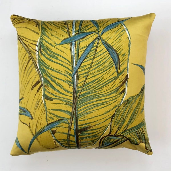 Mid century tropical cushion cover in gold, banana leaf, palm print, mustard yellow vintage