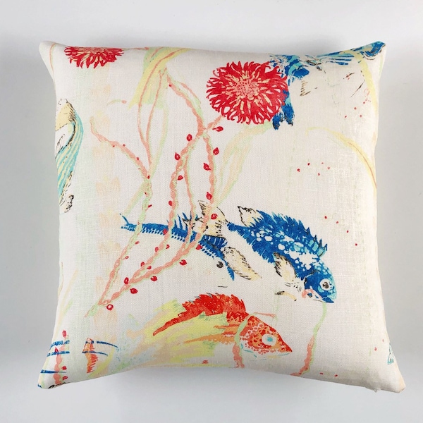 Cowtan & Tout Maralago fish design cushion cover, double sided linen, tropical fish coral sea, designer pillow