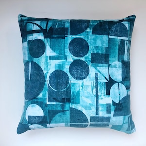 Velvet Harlequin Segments cushion, teal emerald blue turquoise, abstract modern geometric, luxury pillow, retro style
