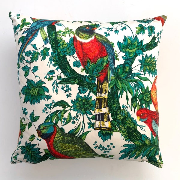 Vintage Romanex de Boussac Bahia cushion cover in tropical bird print, mid century, french retro