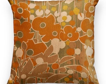 mid century orange vintage Heals cushion cover, Florabunda by Peter Hall, retro floral, green turquoise blue cushion