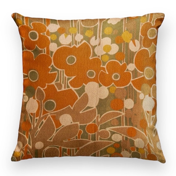 mid century orange vintage Heals cushion cover, Florabunda by Peter Hall, retro floral, green turquoise blue cushion