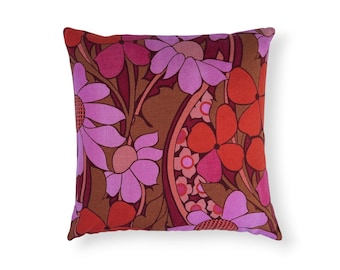 Vintage Moygashel Desdemona cushion cover in pink red and orange, mid century floral, retro flowers