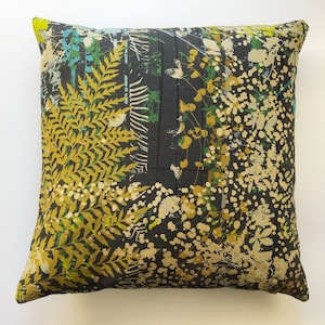 Harlequin Kismet linen cushion cover, botanical ferns plants, nature inspired pillow, gold dark grey