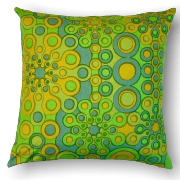 mid century vintage German cushion cover, Riseca by Heidi Bernstiel for Stuttgarter Gardinenfabrik, rare retro, op art, green blue yellow